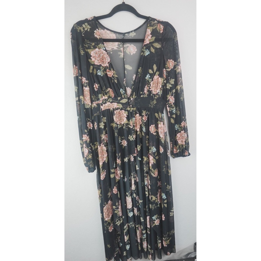 Black Mesh Floral Maxi Dress M Long Sleeve Sheer‎ Goth Grunge Cottagecore Y2K